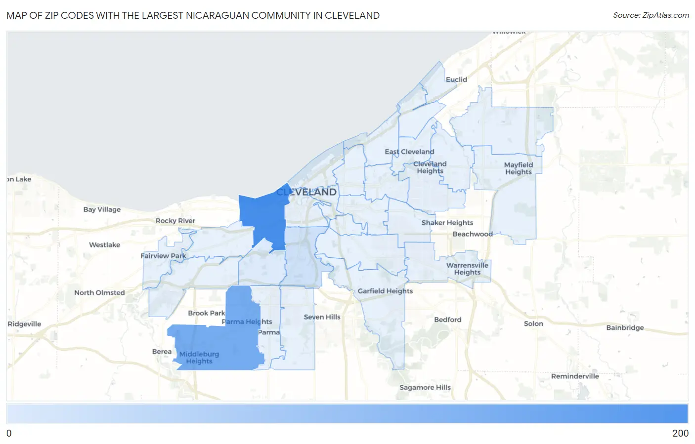 Zip Codes with the Largest Nicaraguan Community in Cleveland Map