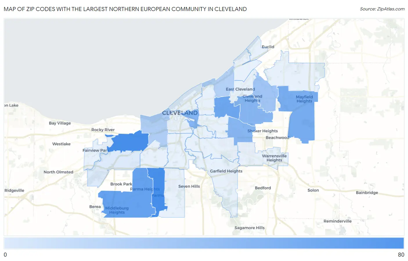 Zip Codes with the Largest Northern European Community in Cleveland Map