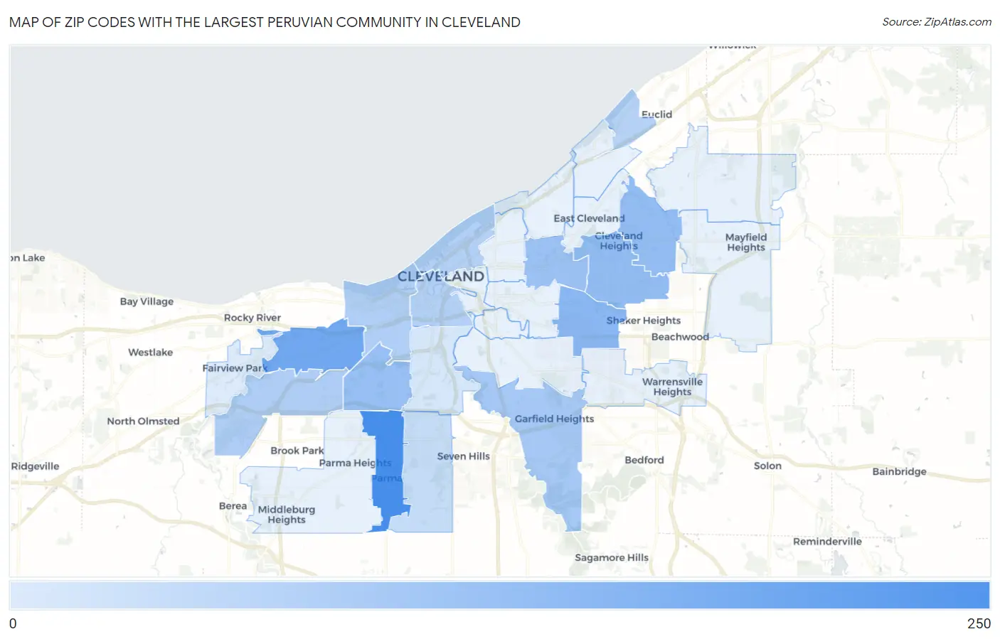 Zip Codes with the Largest Peruvian Community in Cleveland Map