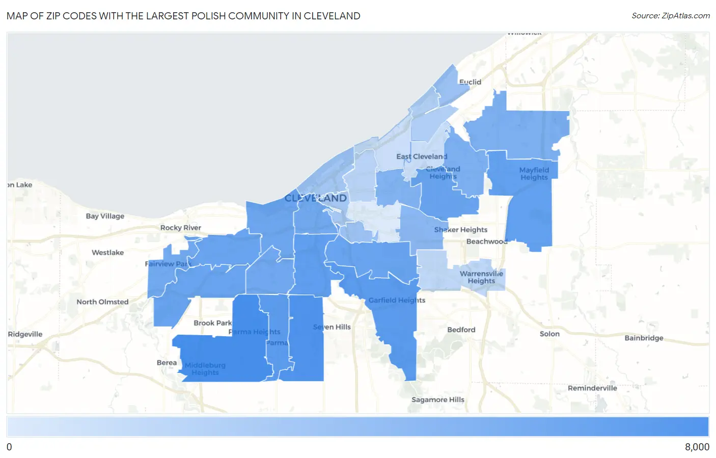 Zip Codes with the Largest Polish Community in Cleveland Map
