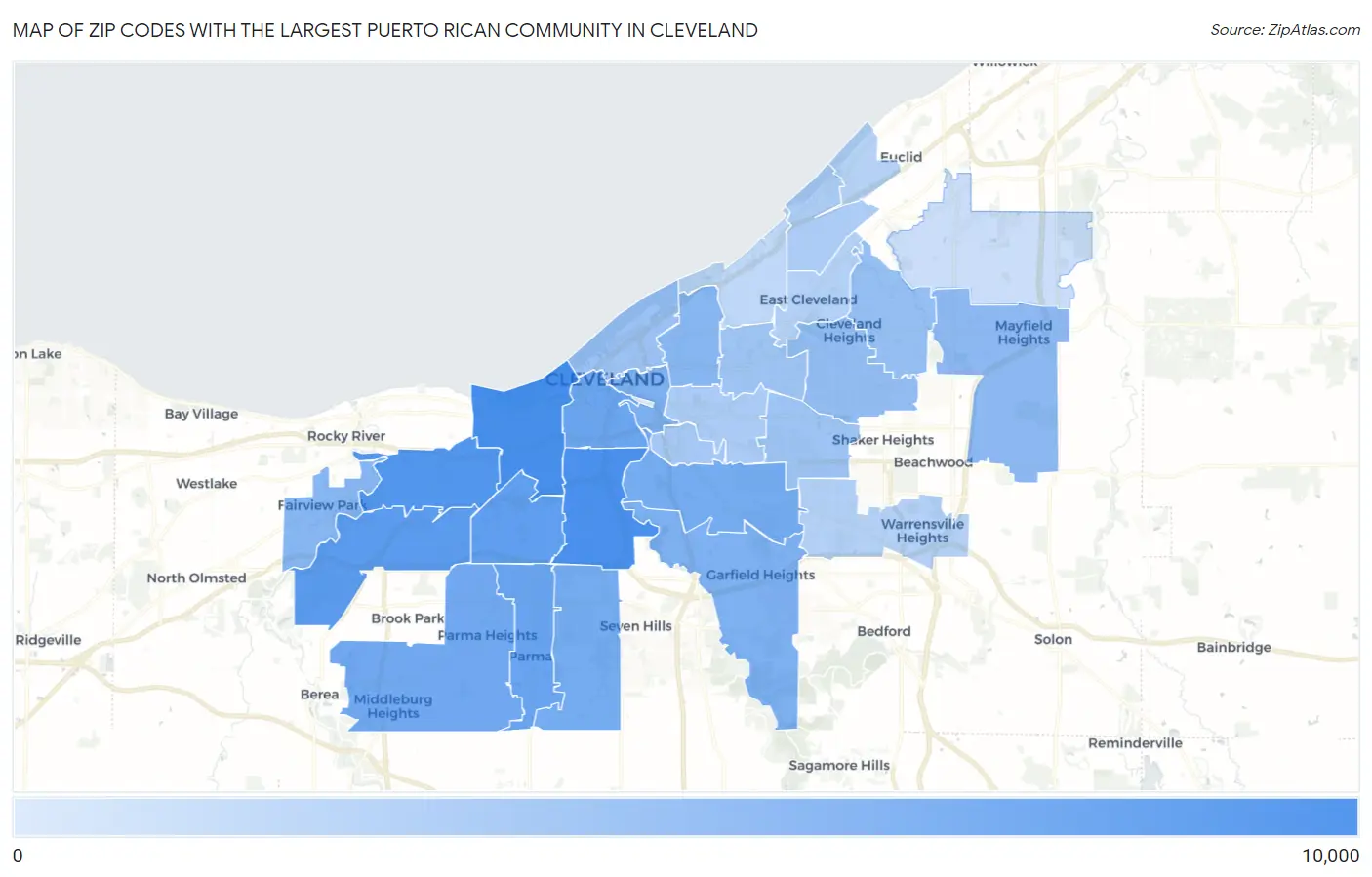 Zip Codes with the Largest Puerto Rican Community in Cleveland Map