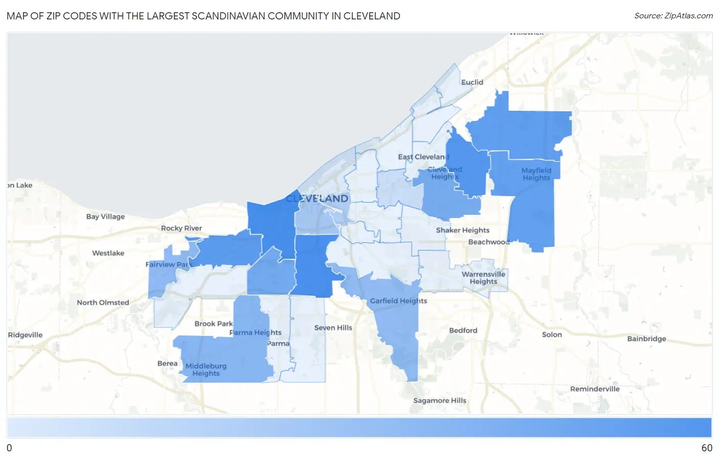 Zip Codes with the Largest Scandinavian Community in Cleveland Map