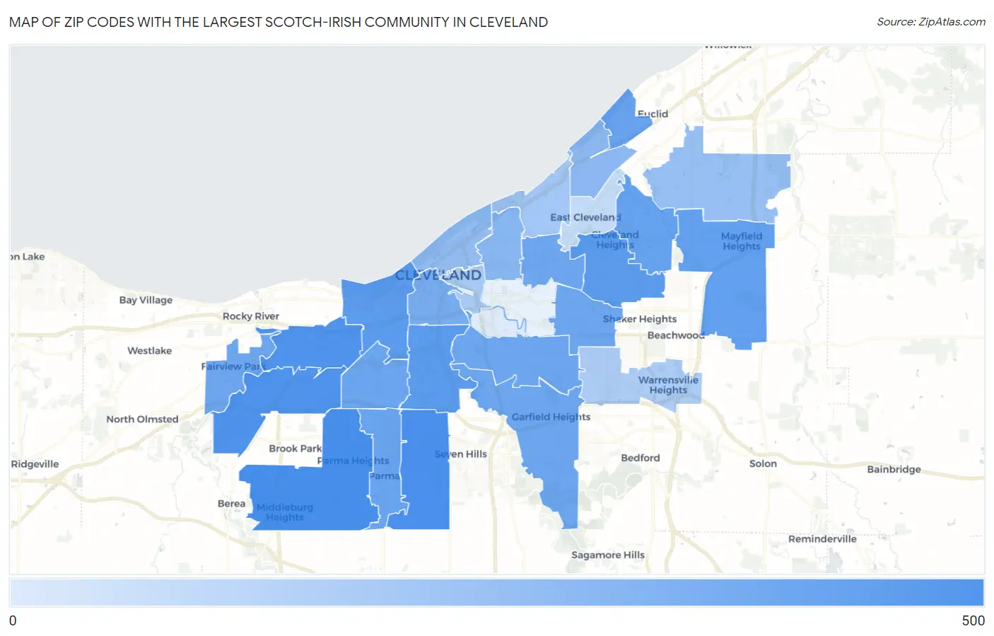 Zip Codes with the Largest Scotch-Irish Community in Cleveland Map