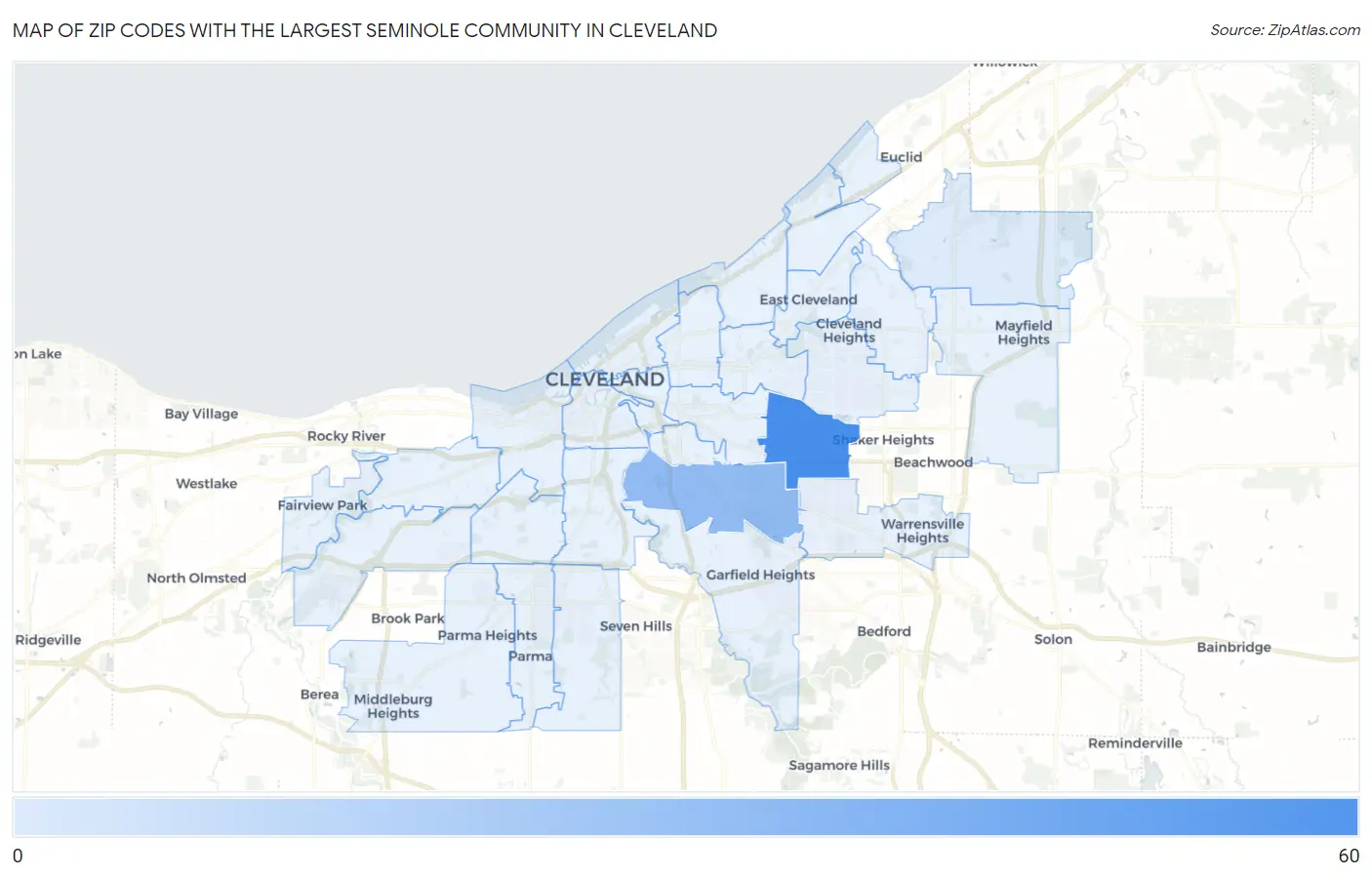 Zip Codes with the Largest Seminole Community in Cleveland Map