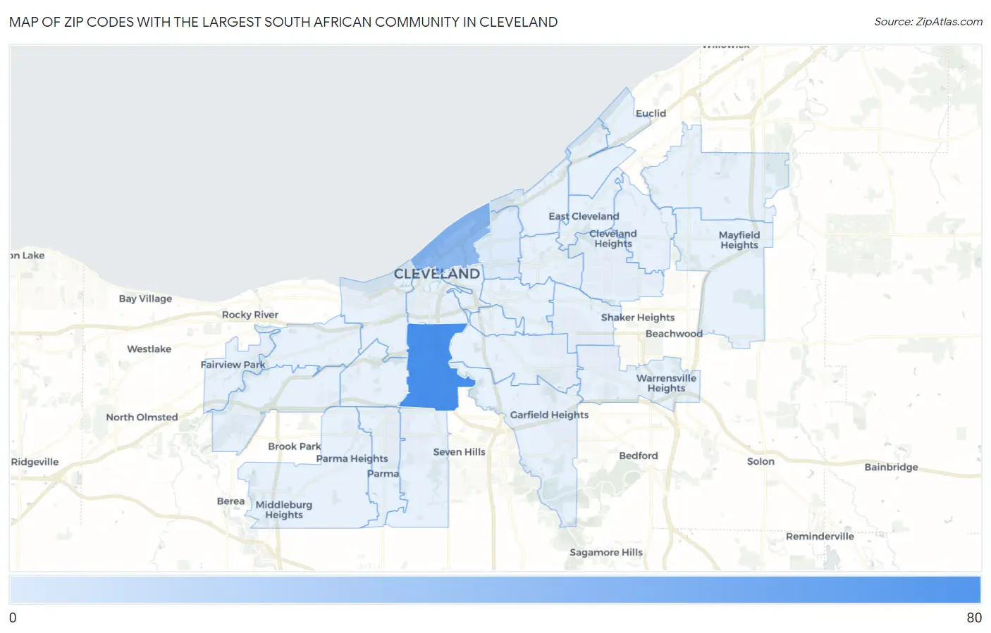 Zip Codes with the Largest South African Community in Cleveland Map