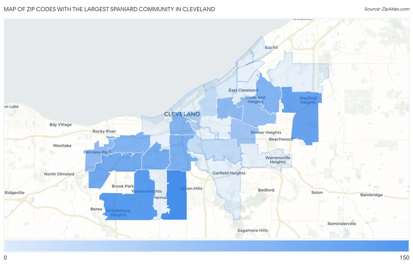Zip Codes with the Largest Spaniard Community in Cleveland Map