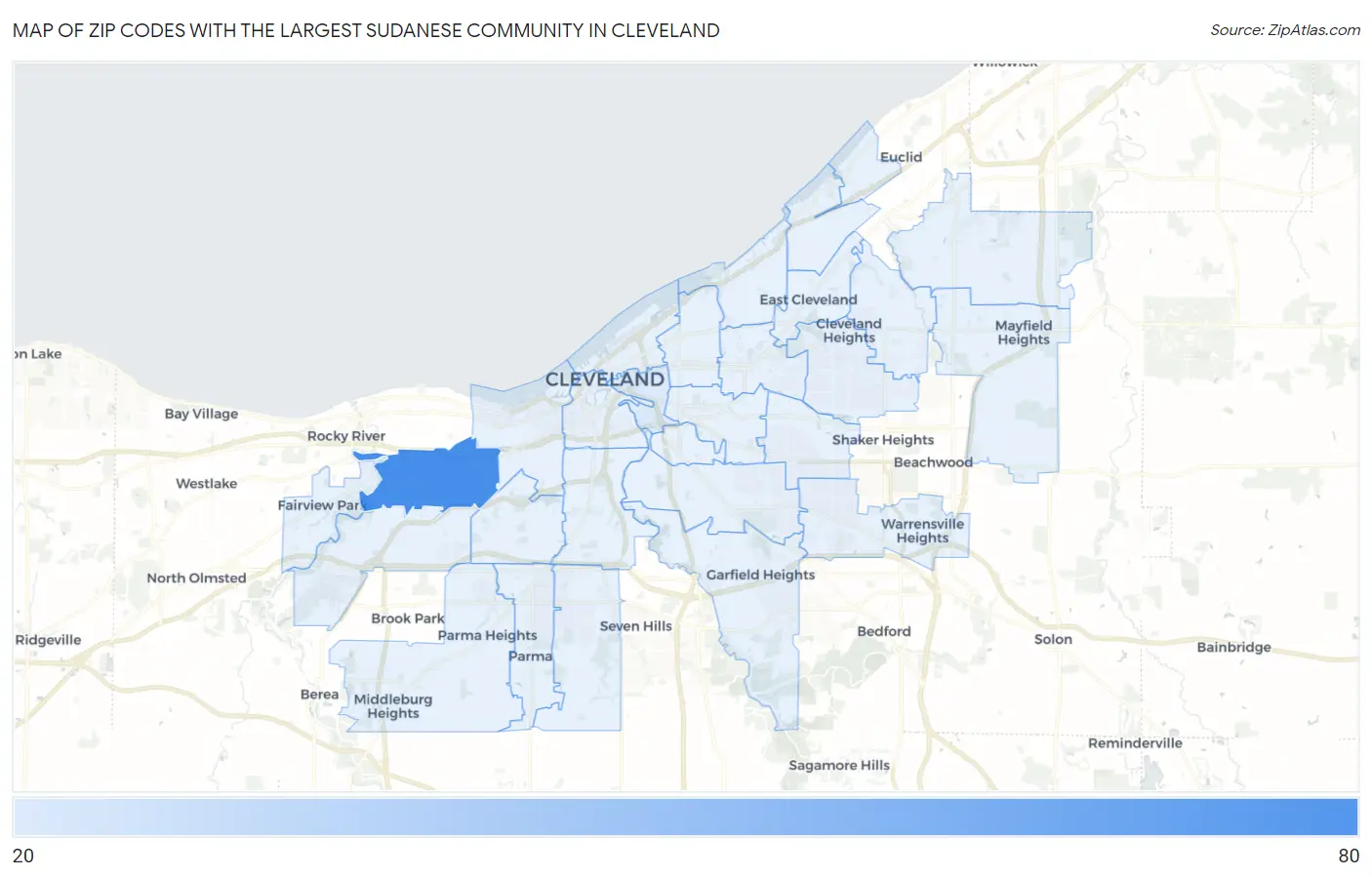 Zip Codes with the Largest Sudanese Community in Cleveland Map