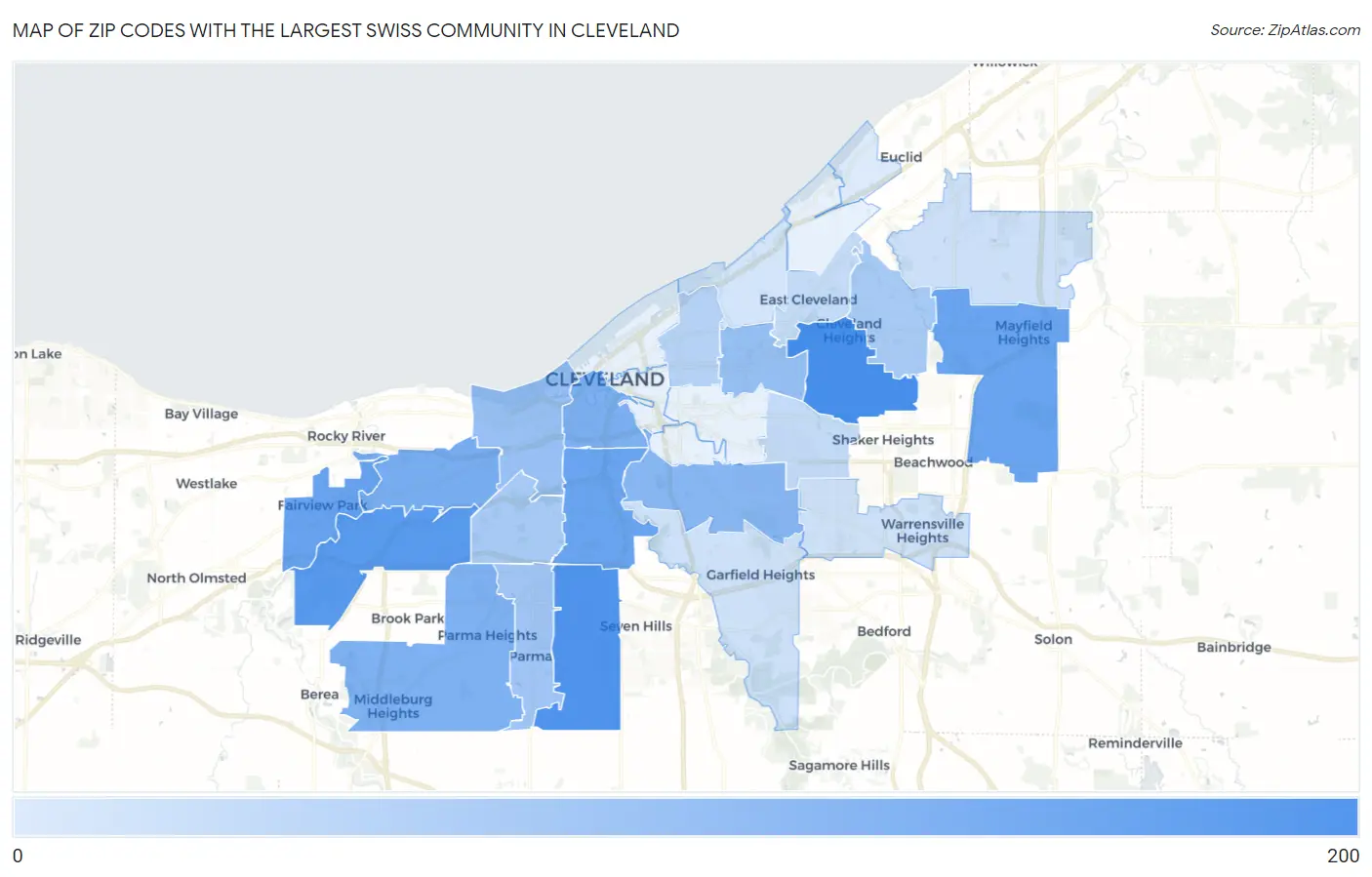 Zip Codes with the Largest Swiss Community in Cleveland Map