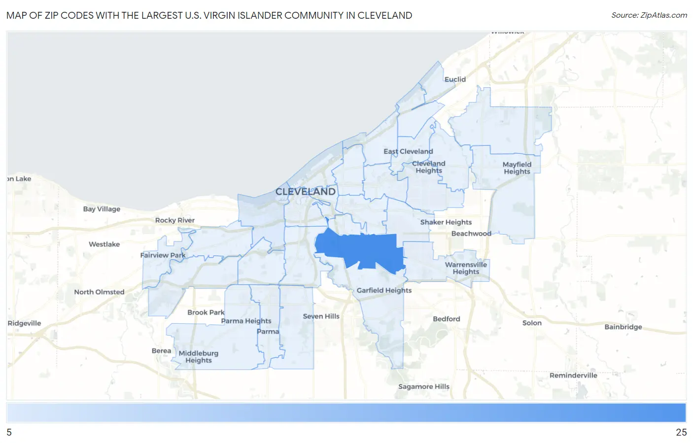 Zip Codes with the Largest U.S. Virgin Islander Community in Cleveland Map