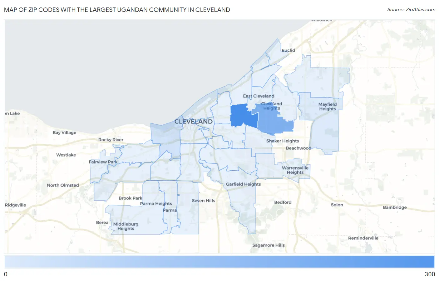 Zip Codes with the Largest Ugandan Community in Cleveland Map