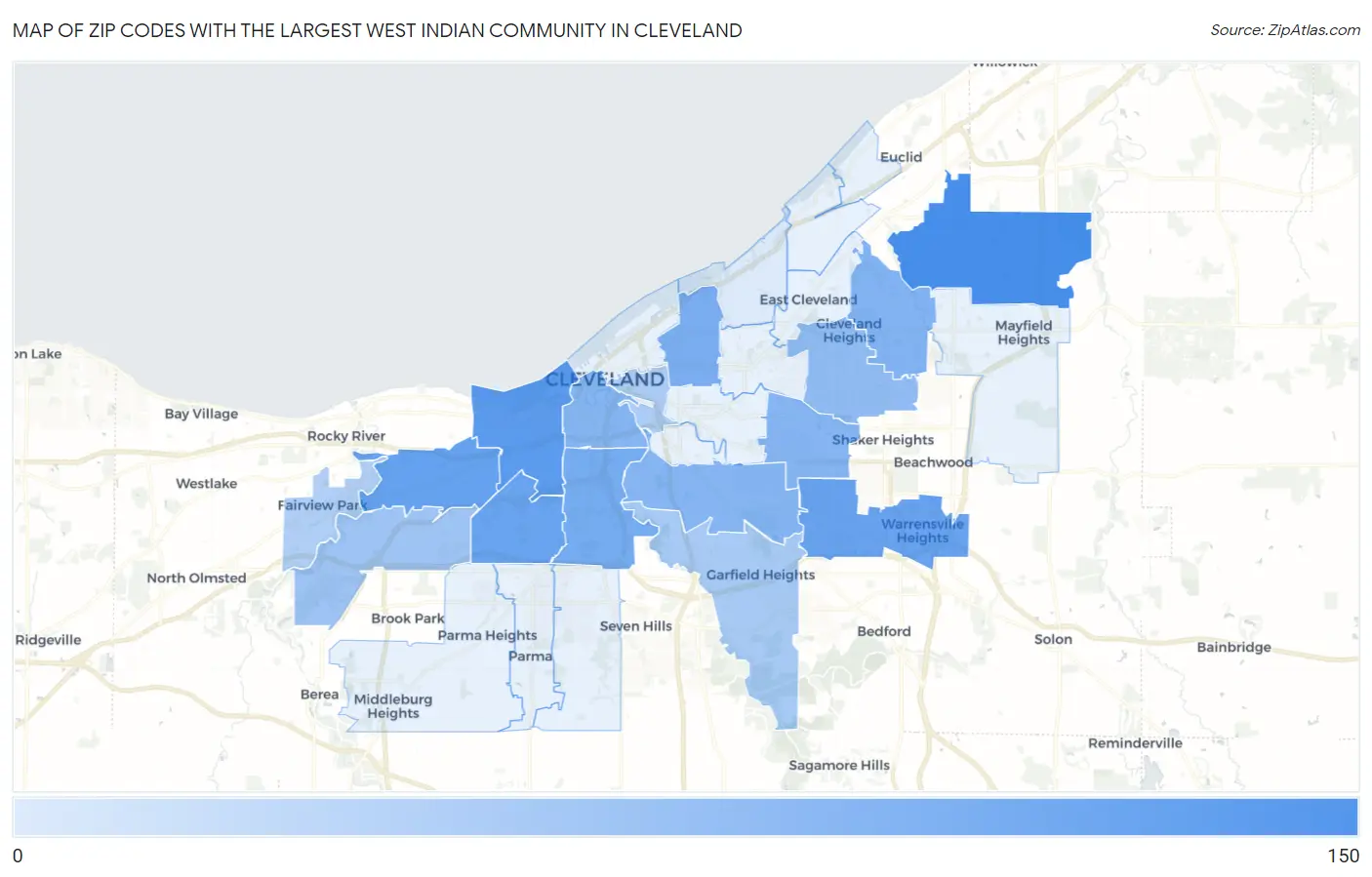 Zip Codes with the Largest West Indian Community in Cleveland Map