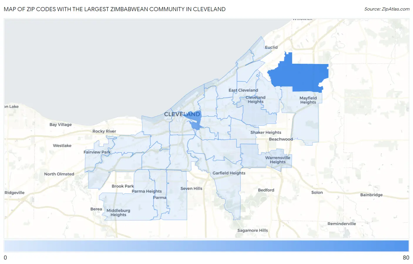 Zip Codes with the Largest Zimbabwean Community in Cleveland Map