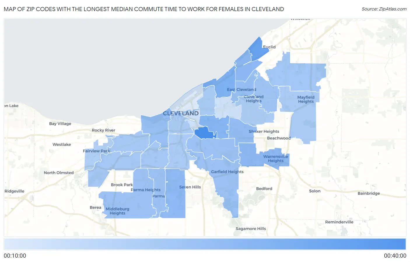 Zip Codes with the Longest Median Commute Time to Work for Females in Cleveland Map