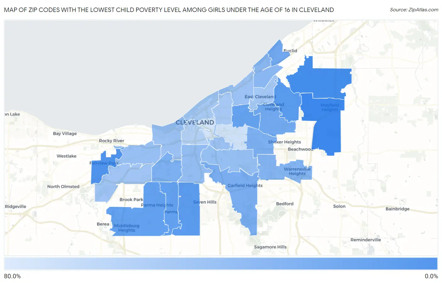 Zip Codes with the Lowest Child Poverty Level Among Girls Under the Age of 16 in Cleveland Map