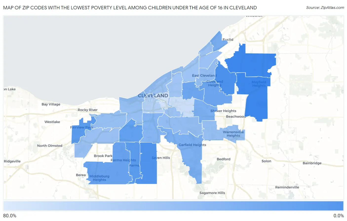 Zip Codes with the Lowest Poverty Level Among Children Under the Age of 16 in Cleveland Map