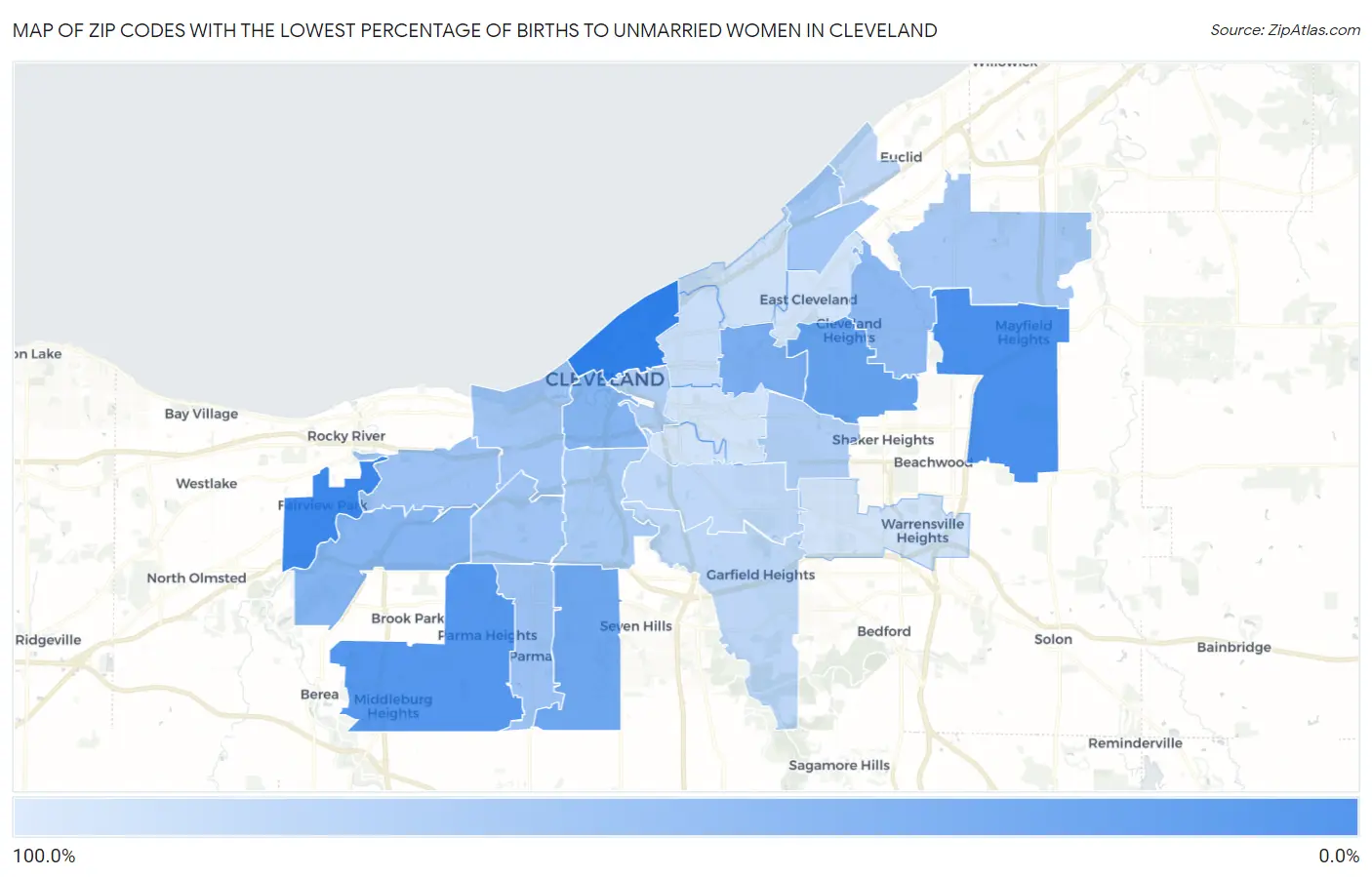 Zip Codes with the Lowest Percentage of Births to Unmarried Women in Cleveland Map