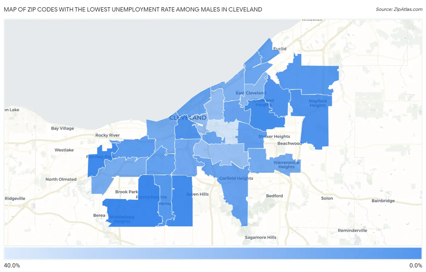 Zip Codes with the Lowest Unemployment Rate Among Males in Cleveland Map
