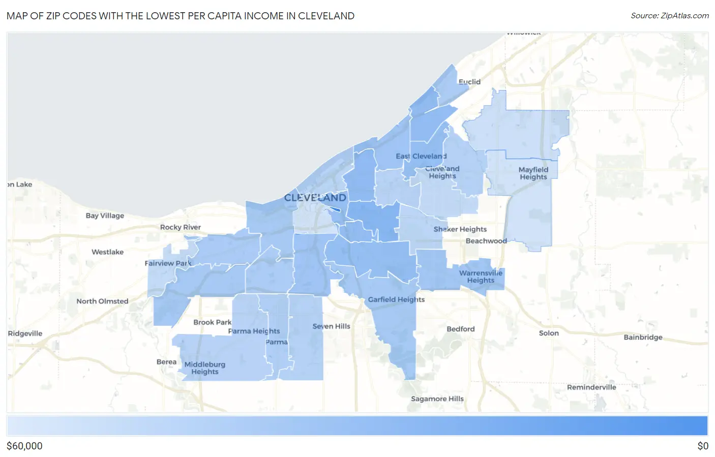 Zip Codes with the Lowest Per Capita Income in Cleveland Map