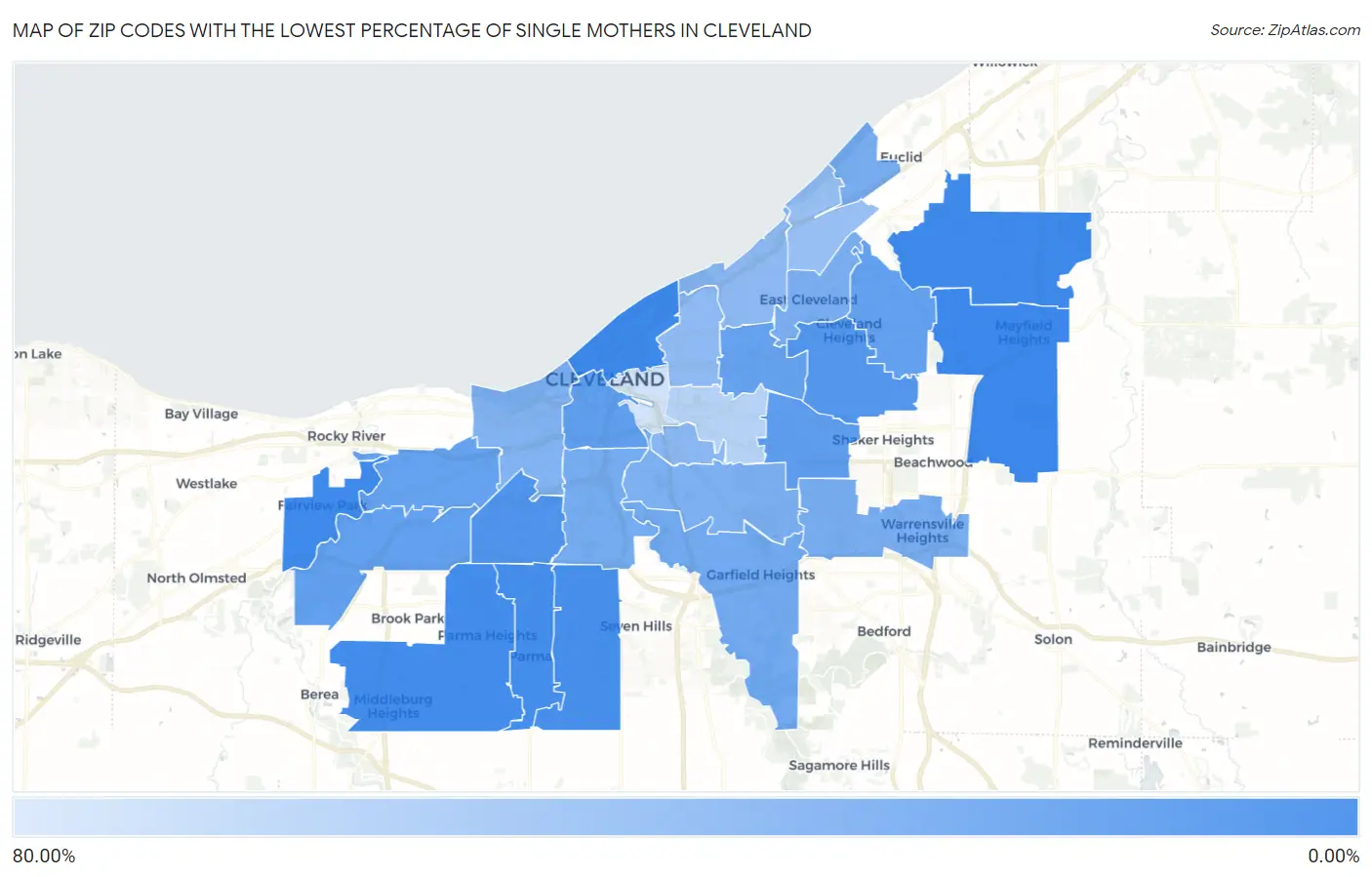 Zip Codes with the Lowest Percentage of Single Mothers in Cleveland Map