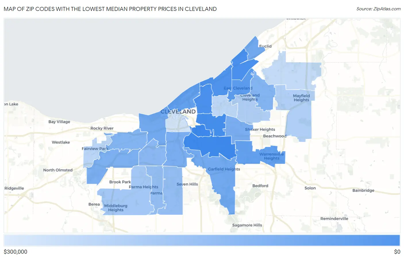 Zip Codes with the Lowest Median Property Prices in Cleveland Map