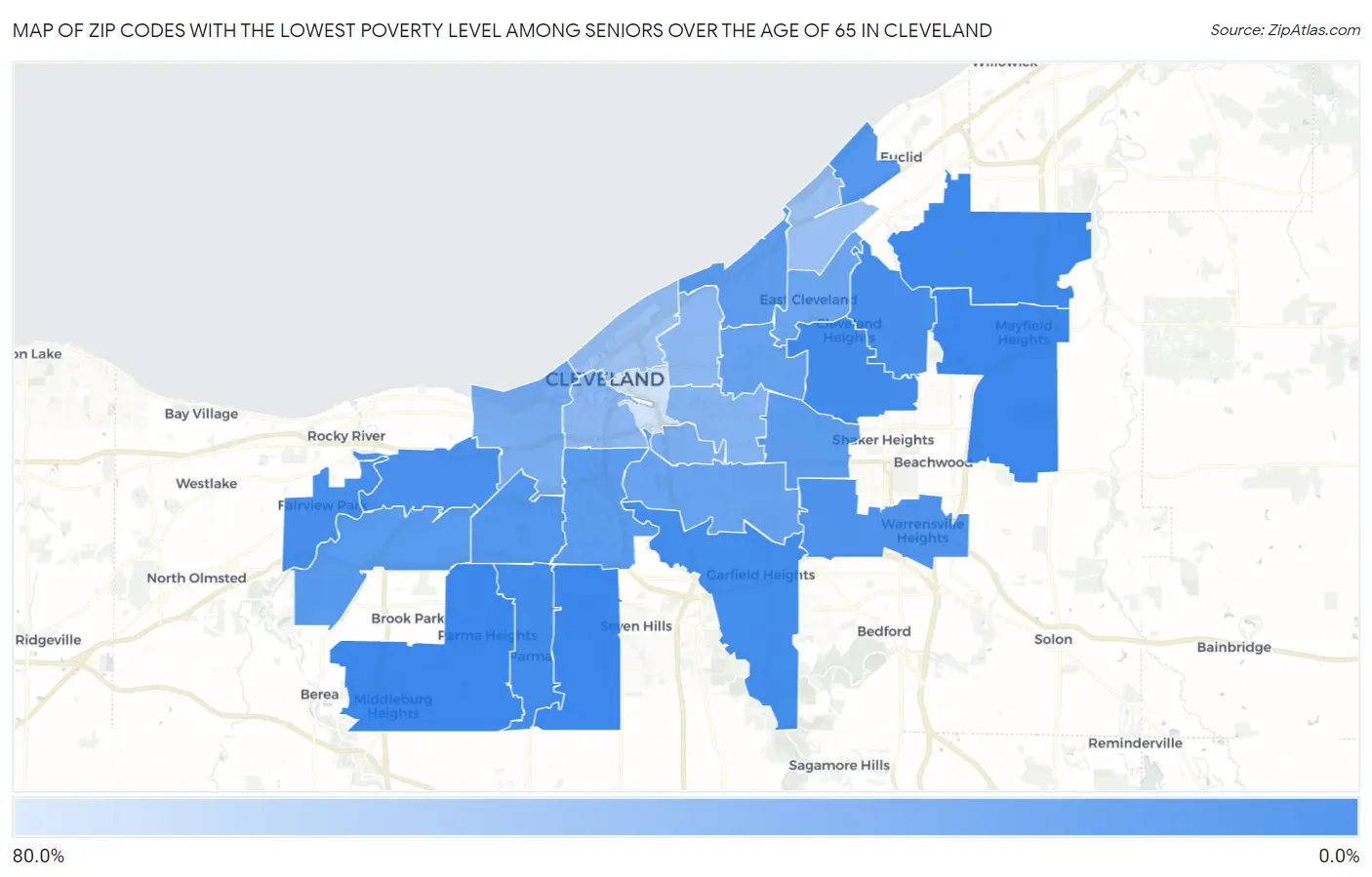 Zip Codes with the Lowest Poverty Level Among Seniors Over the Age of 65 in Cleveland Map