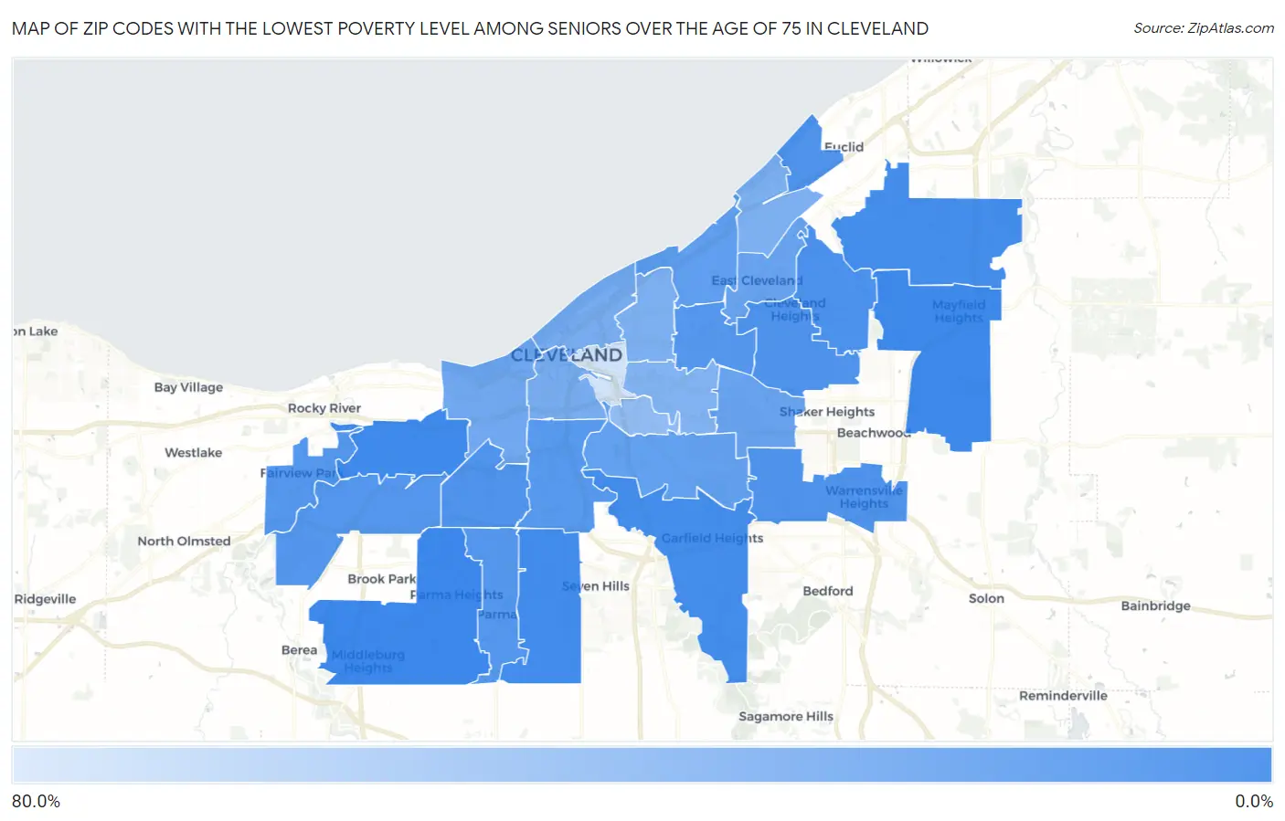 Zip Codes with the Lowest Poverty Level Among Seniors Over the Age of 75 in Cleveland Map
