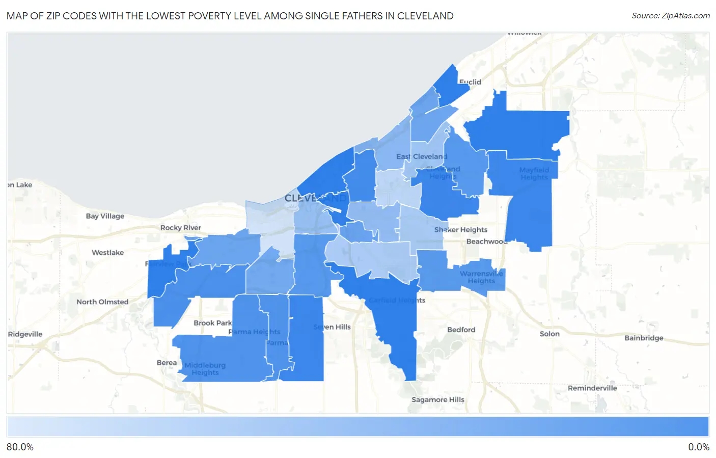 Zip Codes with the Lowest Poverty Level Among Single Fathers in Cleveland Map
