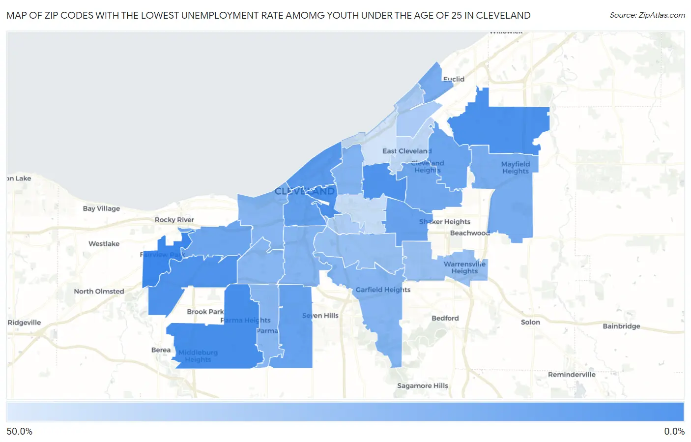 Zip Codes with the Lowest Unemployment Rate Amomg Youth Under the Age of 25 in Cleveland Map