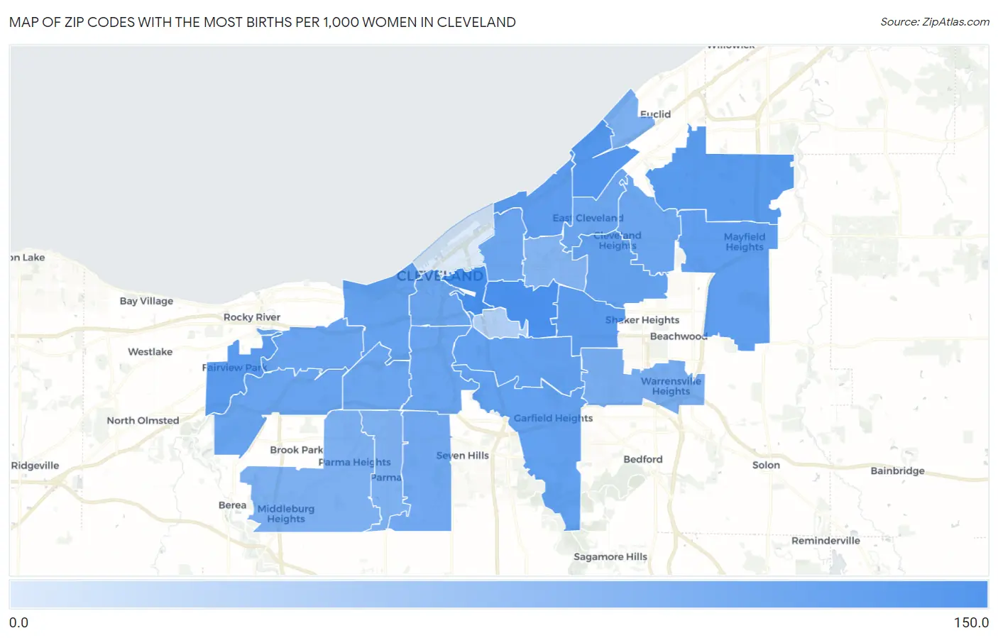 Zip Codes with the Most Births per 1,000 Women in Cleveland Map