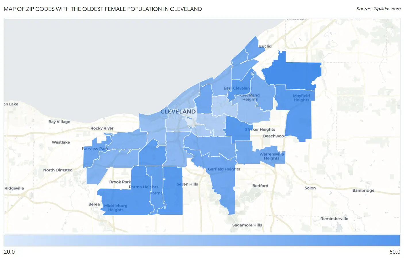 Zip Codes with the Oldest Female Population in Cleveland Map