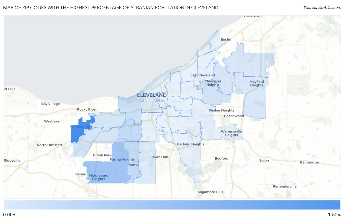 Zip Codes with the Highest Percentage of Albanian Population in Cleveland Map