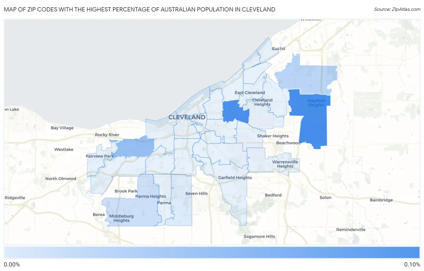 Zip Codes with the Highest Percentage of Australian Population in Cleveland Map
