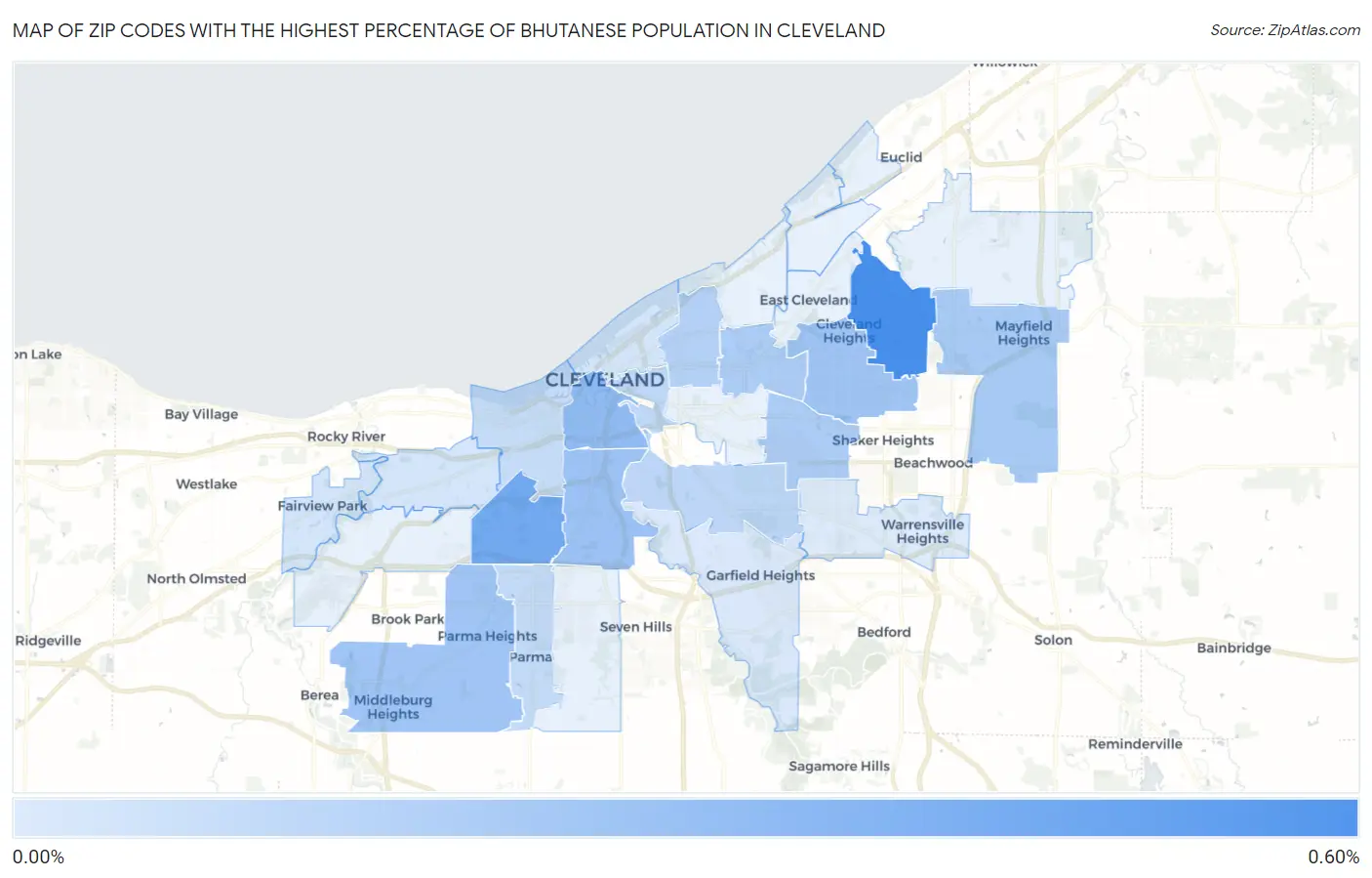 Zip Codes with the Highest Percentage of Bhutanese Population in Cleveland Map