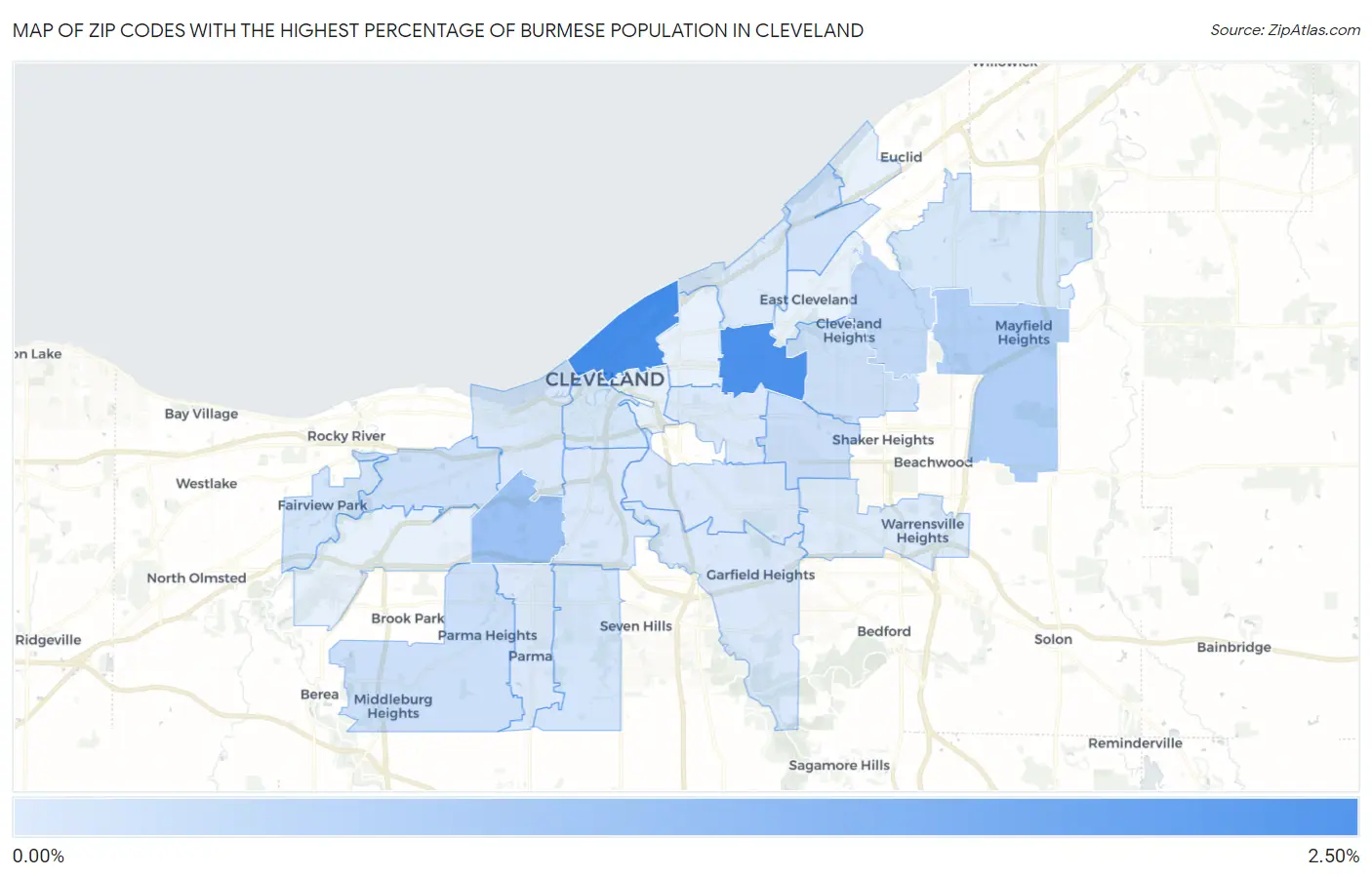 Zip Codes with the Highest Percentage of Burmese Population in Cleveland Map