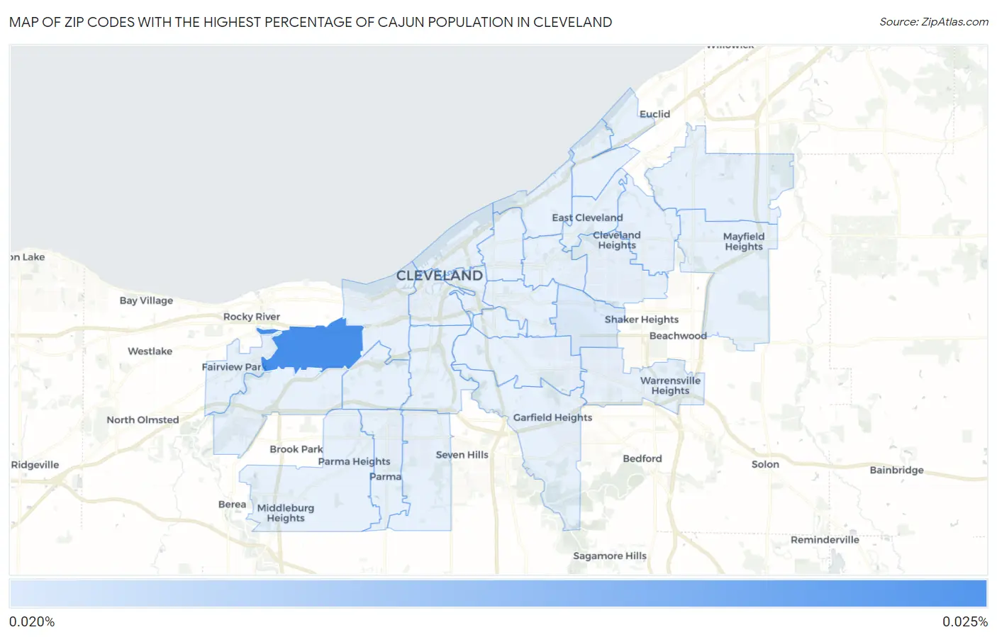 Zip Codes with the Highest Percentage of Cajun Population in Cleveland Map