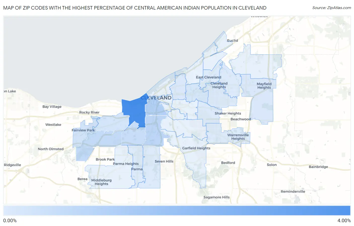 Zip Codes with the Highest Percentage of Central American Indian Population in Cleveland Map