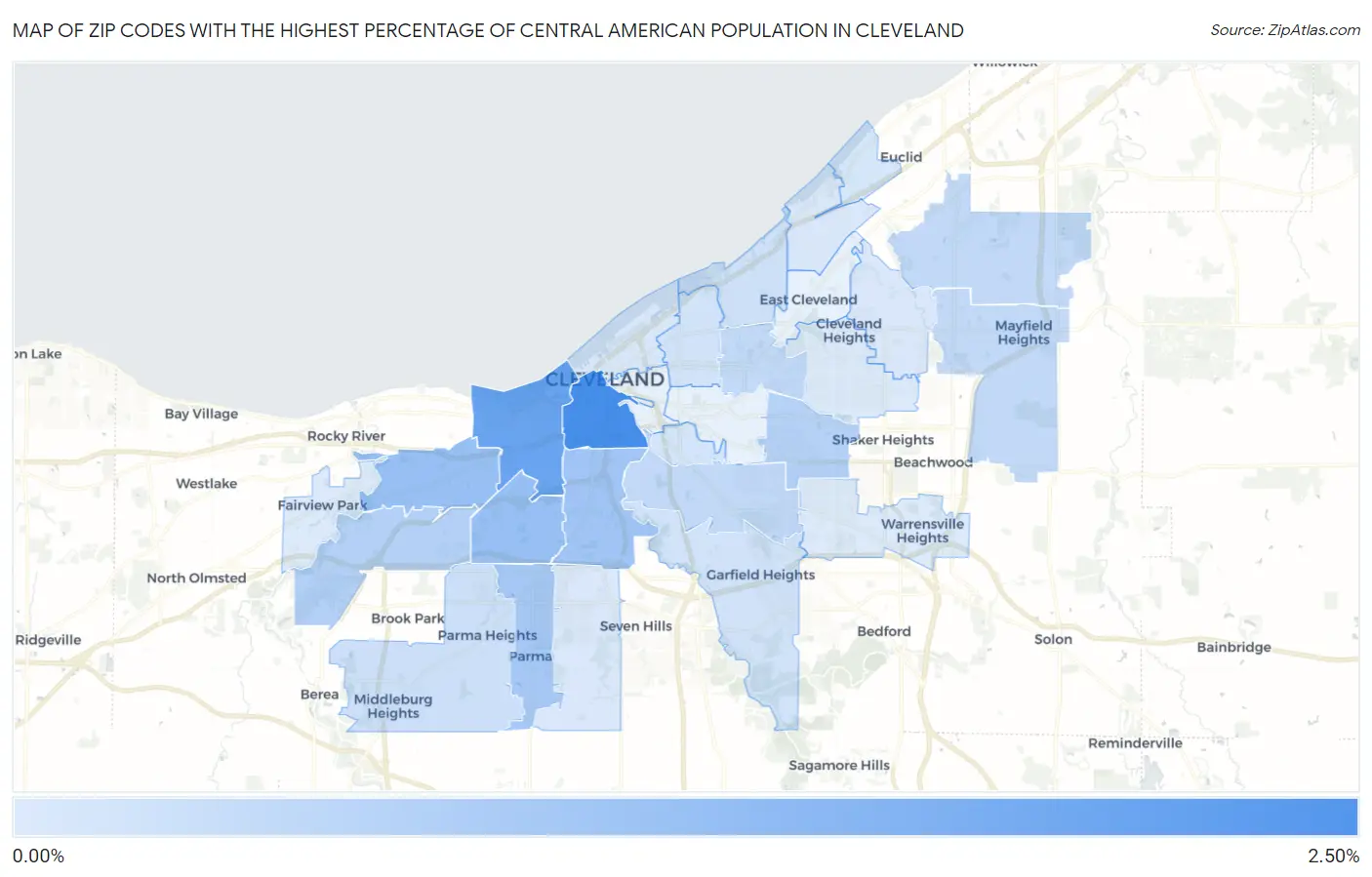 Zip Codes with the Highest Percentage of Central American Population in Cleveland Map