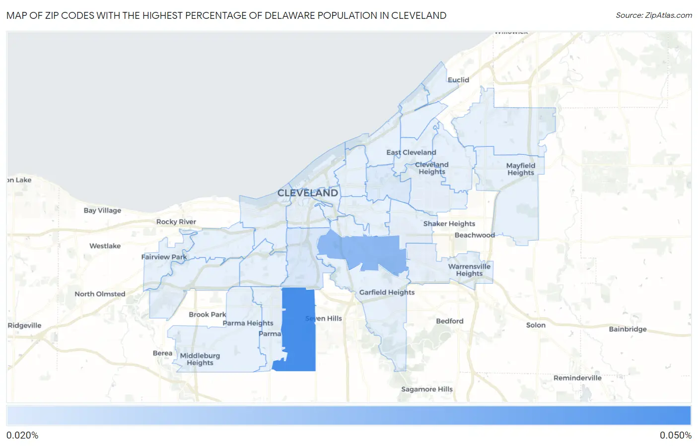 Zip Codes with the Highest Percentage of Delaware Population in Cleveland Map
