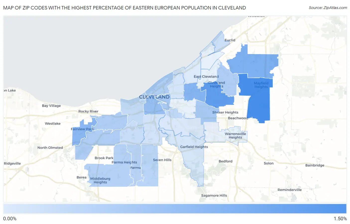 Zip Codes with the Highest Percentage of Eastern European Population in Cleveland Map