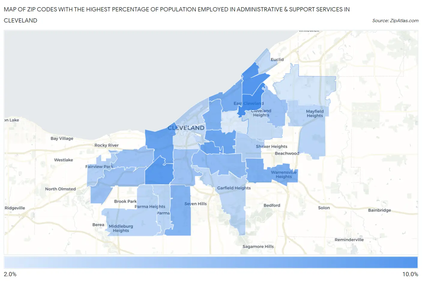 Zip Codes with the Highest Percentage of Population Employed in Administrative & Support Services in Cleveland Map