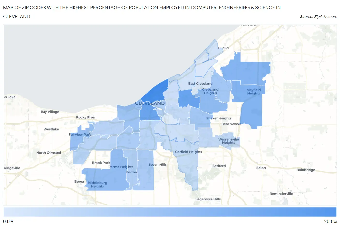 Zip Codes with the Highest Percentage of Population Employed in Computer, Engineering & Science in Cleveland Map