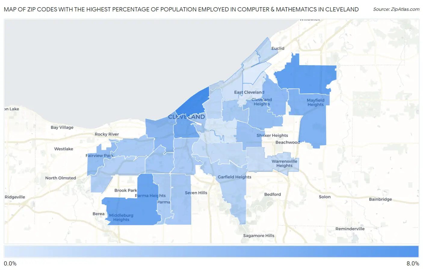 Zip Codes with the Highest Percentage of Population Employed in Computer & Mathematics in Cleveland Map