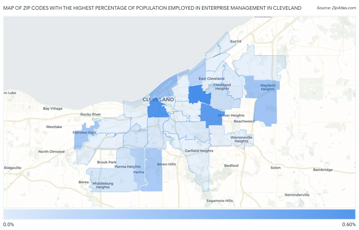 Zip Codes with the Highest Percentage of Population Employed in Enterprise Management in Cleveland Map