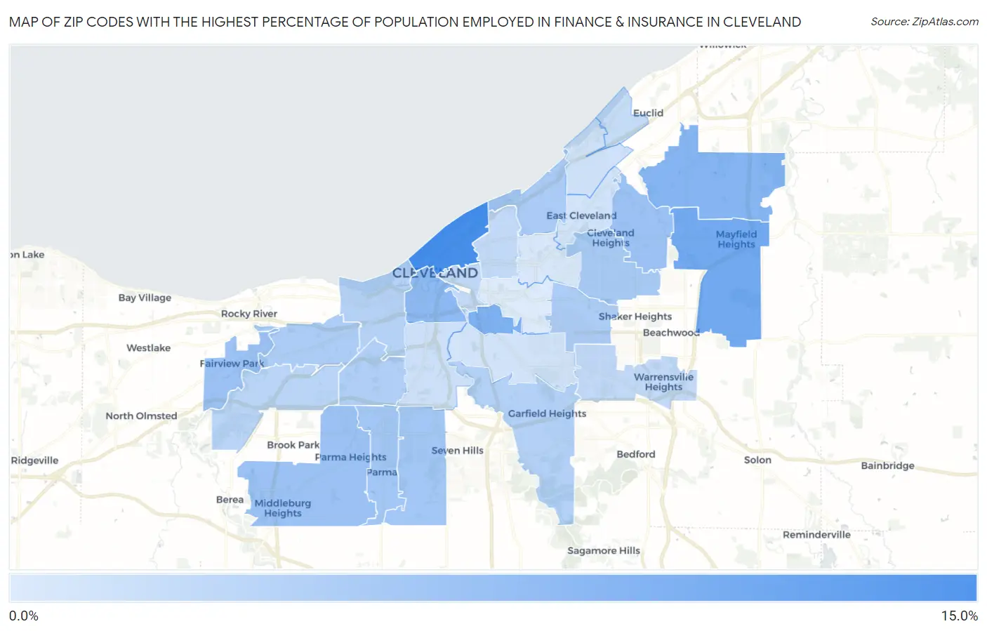 Zip Codes with the Highest Percentage of Population Employed in Finance & Insurance in Cleveland Map