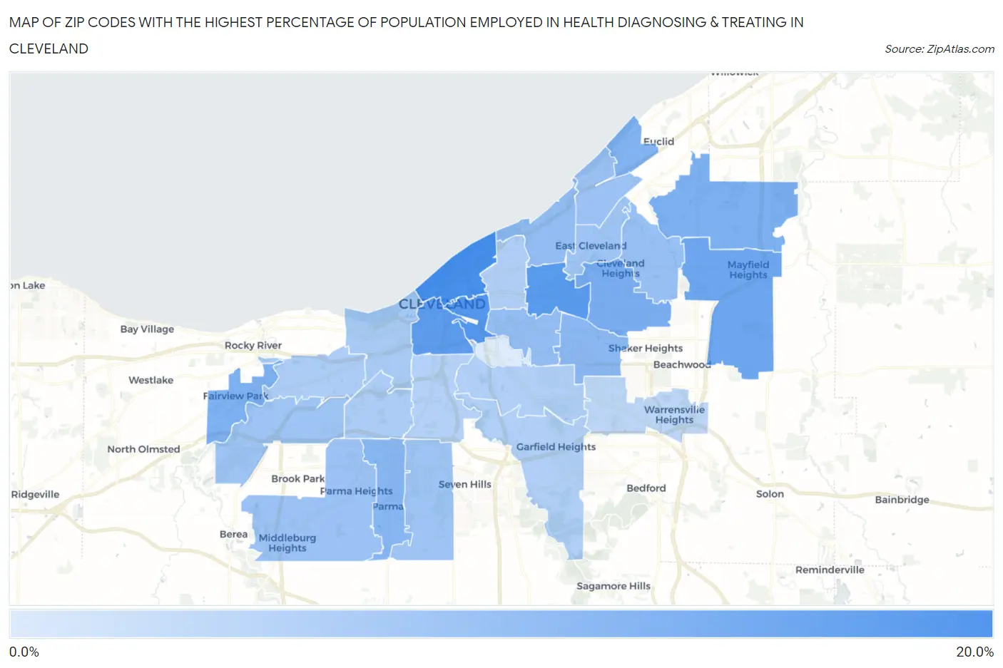 Zip Codes with the Highest Percentage of Population Employed in Health Diagnosing & Treating in Cleveland Map