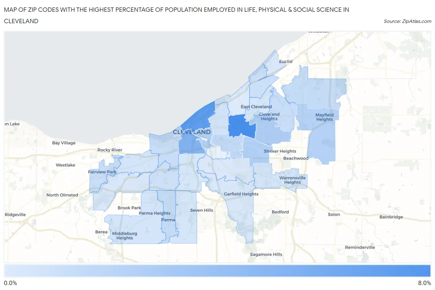 Zip Codes with the Highest Percentage of Population Employed in Life, Physical & Social Science in Cleveland Map