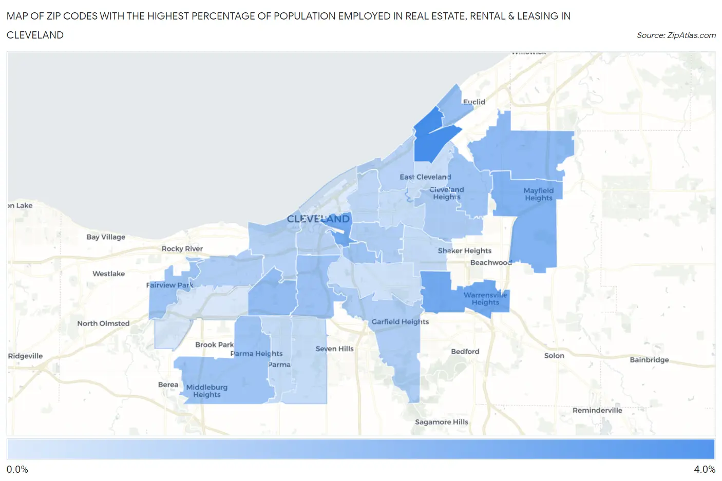 Zip Codes with the Highest Percentage of Population Employed in Real Estate, Rental & Leasing in Cleveland Map