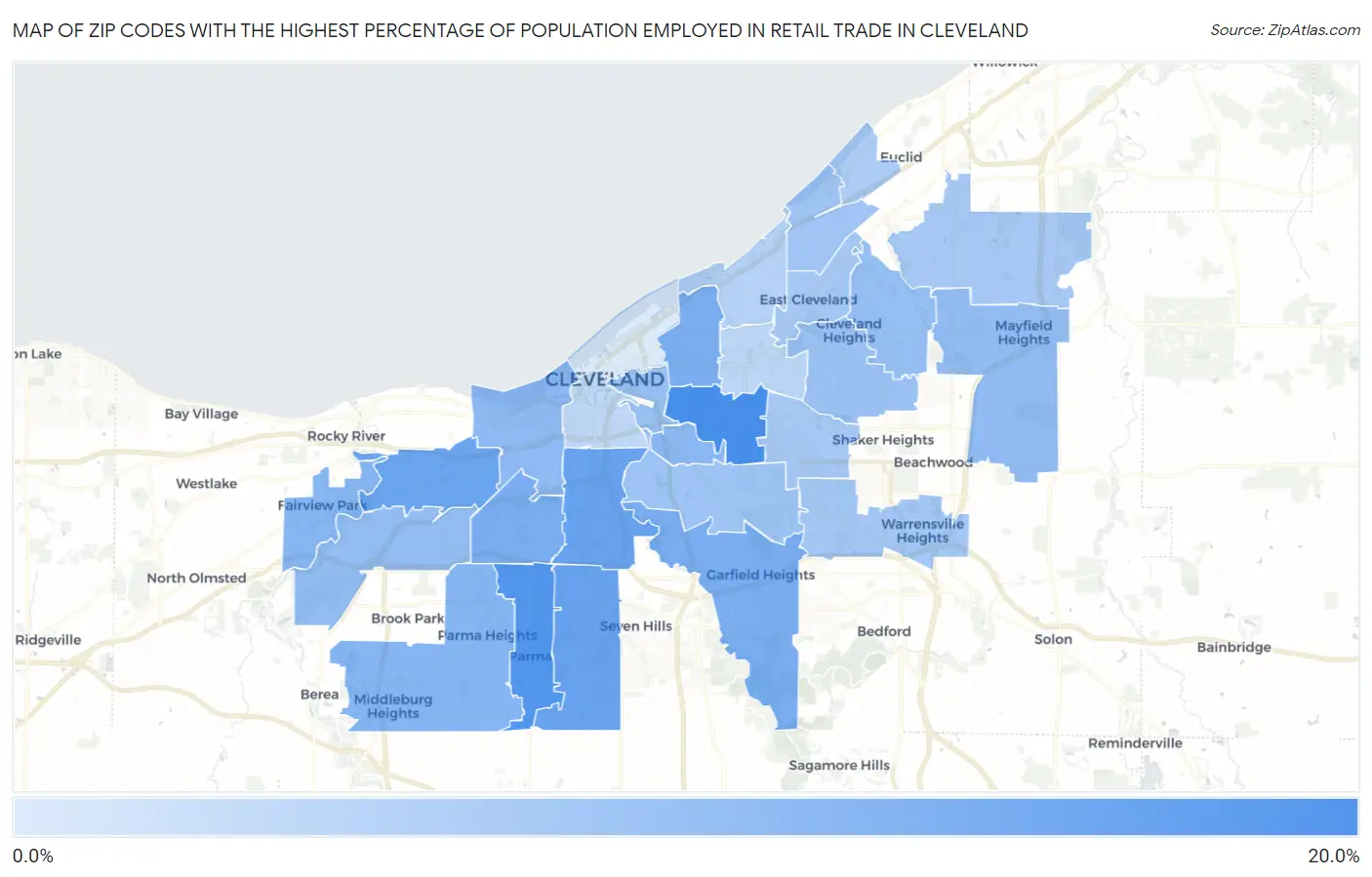 Zip Codes with the Highest Percentage of Population Employed in Retail Trade in Cleveland Map