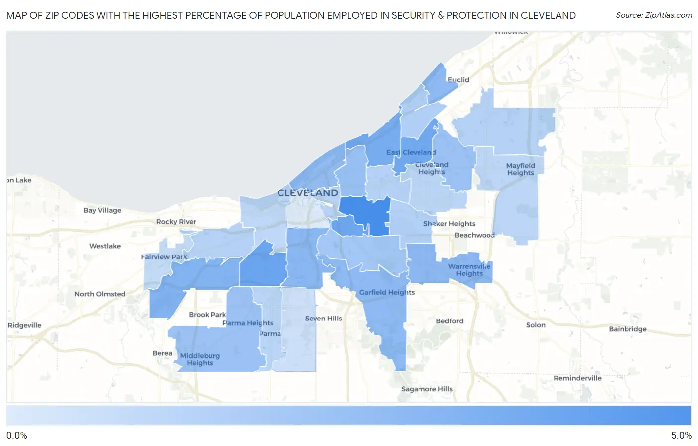Zip Codes with the Highest Percentage of Population Employed in Security & Protection in Cleveland Map