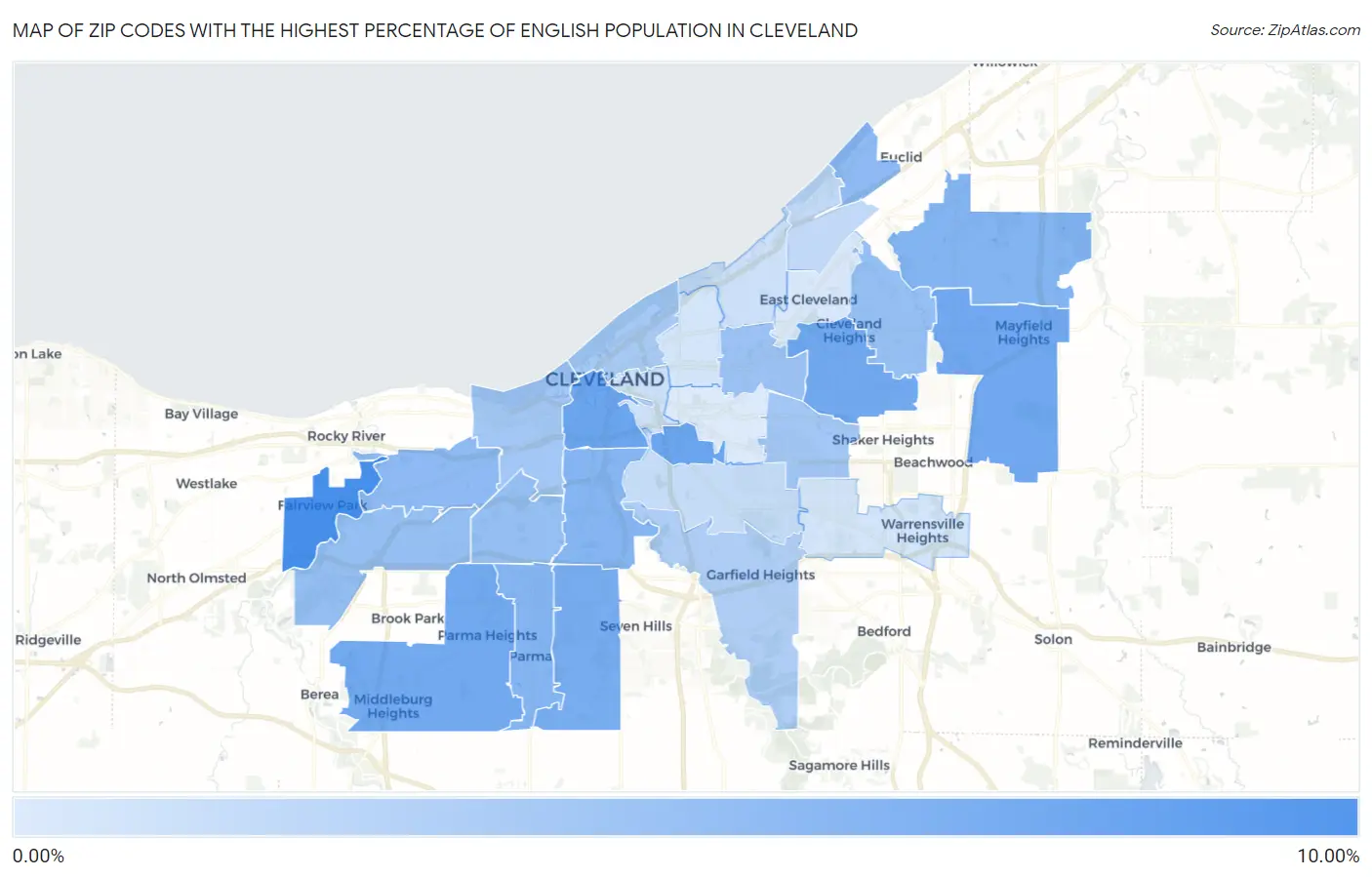 Zip Codes with the Highest Percentage of English Population in Cleveland Map